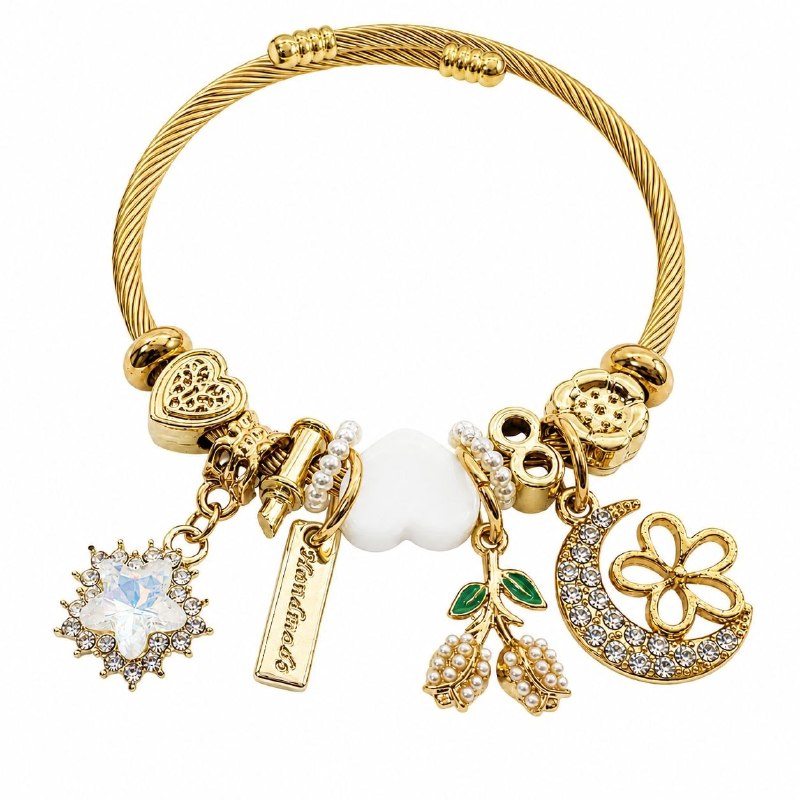 PULSERA DE ENCHAPE PARA DAMA CON DISEÑO DE ESTRELLAS, FRUTAS Y LUNA 6CM