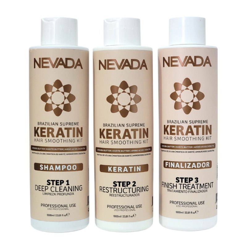 SET DE TRATAMIENTO PARA EL CABELLO PARA ALISADO BRASILEÑO CON QUERATINA Y KARITE 3PCS NEVADA 100MLX3