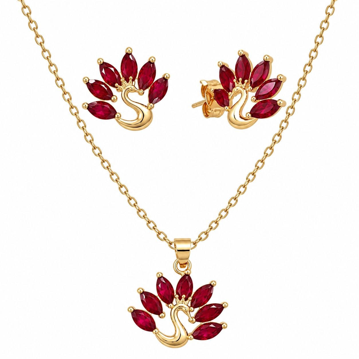 SET DE ENCHAPE PARA DAMA CON DISEÑO DE PAVO REAL CON CRISTALES ROJOS
