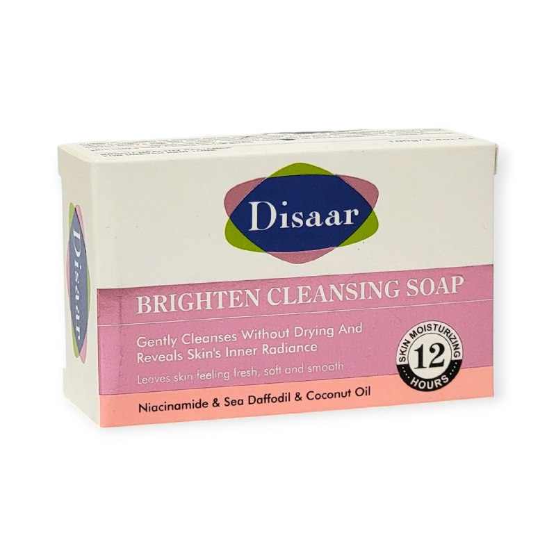 JABON CORPORAL LIMPIADOR BRILLANTE CON NIACINAMIDA, NARCISO MARINO Y ACEITE DE COCO, LIMPIA Y DEJA SUAVE LA PIEL DISAAR BRIGHTEN CLEANSING SOAP 100G