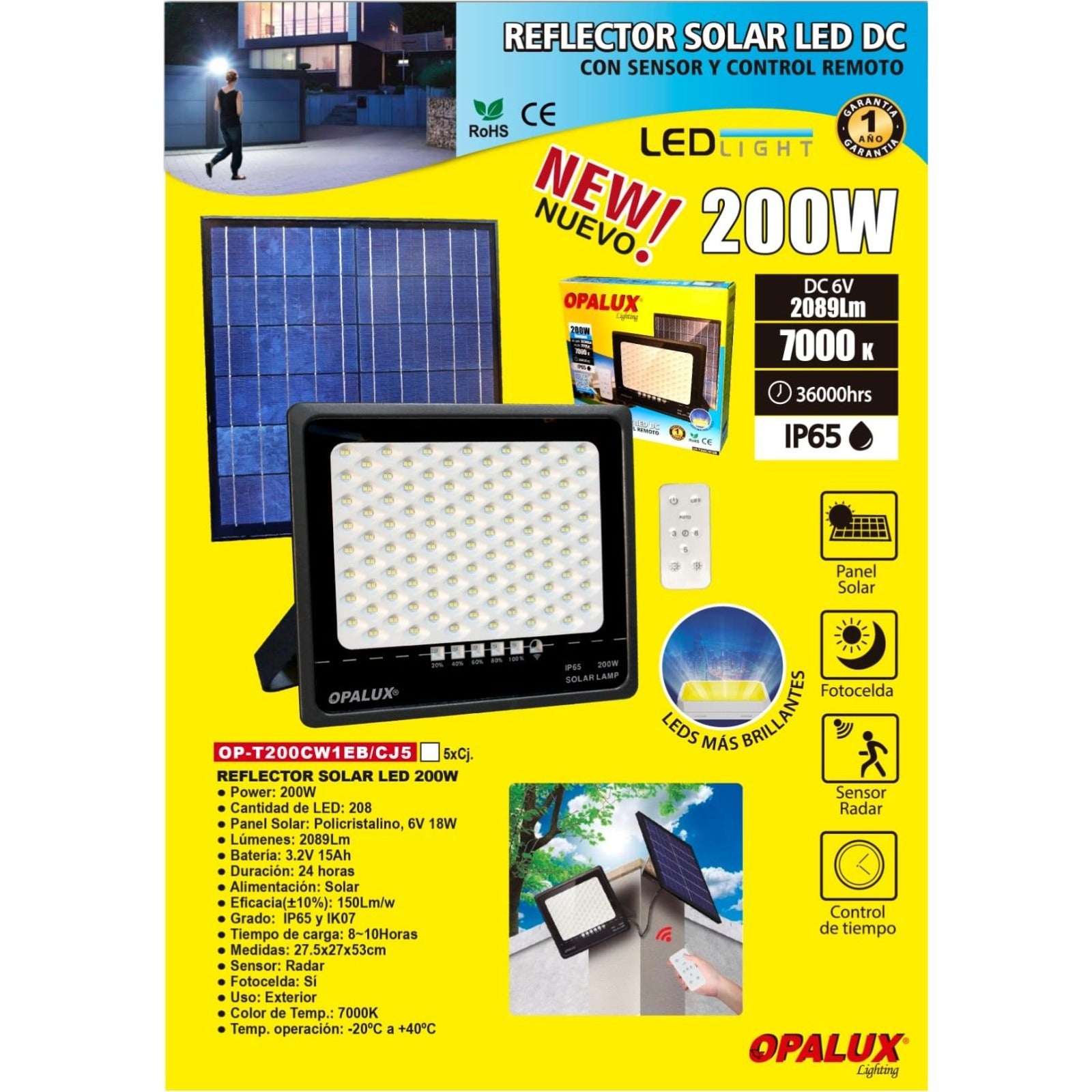 LUZ LED, LÁMPARA SOLAR CON SENSOR DE MOVIMIENTO Y PANEL SOLAR 200 WATT