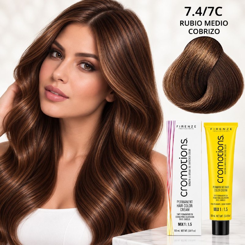 TINTE PERMANENTE PARA EL CABELLO EN CREMA RUBIO MEDIO COBRIZO 7.4/ 7C FIRENZE 100ML