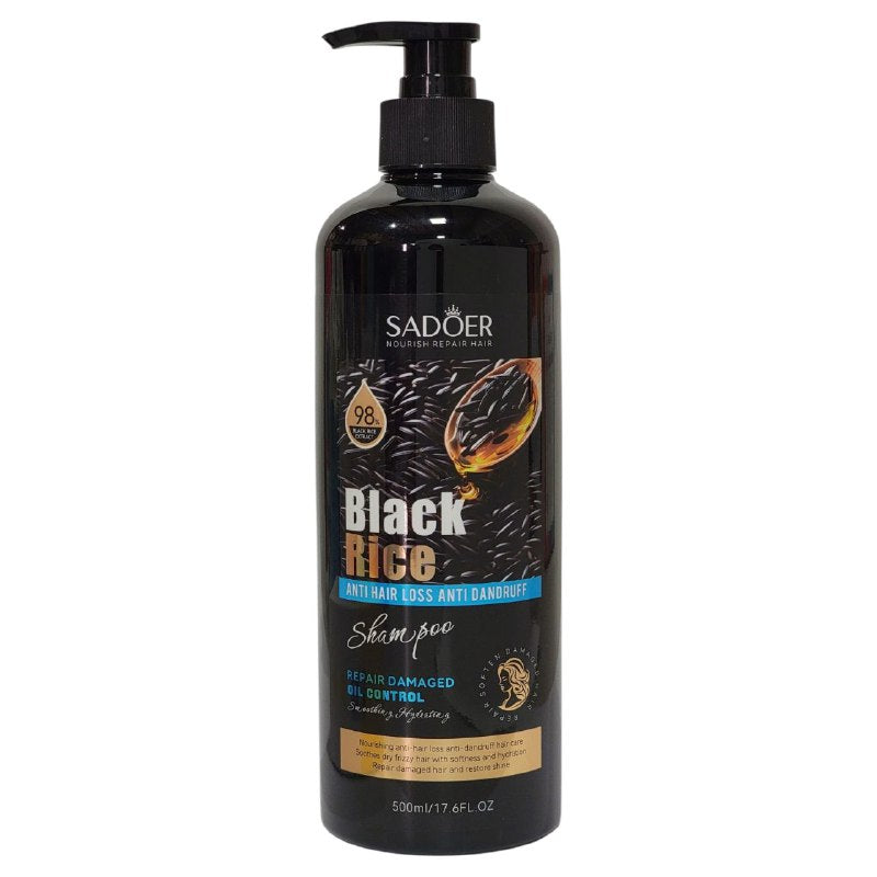SHAMPOO PARA EL CABELLO DE ARROZ NEGRO QUE COMBATE LA CAIDA DEL CABELLO Y ELIMINA LA CASPA, LIMPIA PROFUNDAMENTE LAS IMPUREZAS, GRASA Y PUNTAS ABIERTAS, DEJANDOLO SEDOSO, BRILLANTE Y NUTRIDO SADOER 500ML