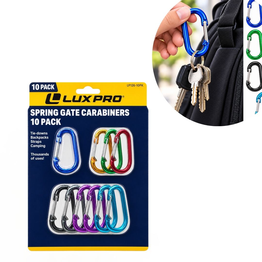 SET DE 10 MOSQUETONES / LLAVEROS MULTIUSO LUX PRO4.7CM