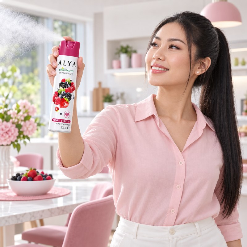 AMBIENTADOR AROMATIZANTE EN SPRAY CON AROMA FRUTOS DEL BOSQUE ALYA 300ML
