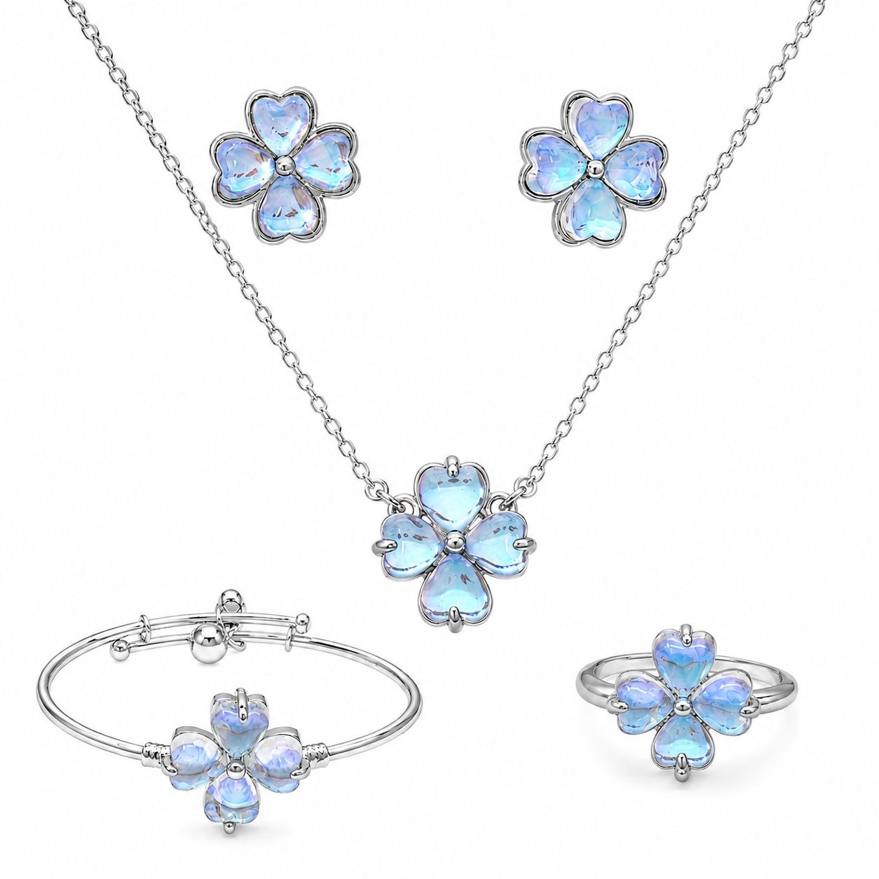 SET DE ENCHAPE PARA DAMA CON DISEÑO DE TRÉBOL DE CUATRO HOJAS CON CRISTALES EFECTO PIEDRA DE LUNA