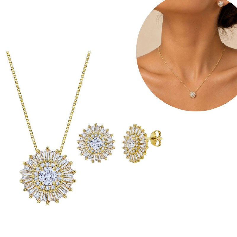 SET DE ENCHAPE PARA DAMA CON DISEÑO CIRCULAR ESTILO ROSETÓN DE CIRCONES Y CORTE BAGUETTE