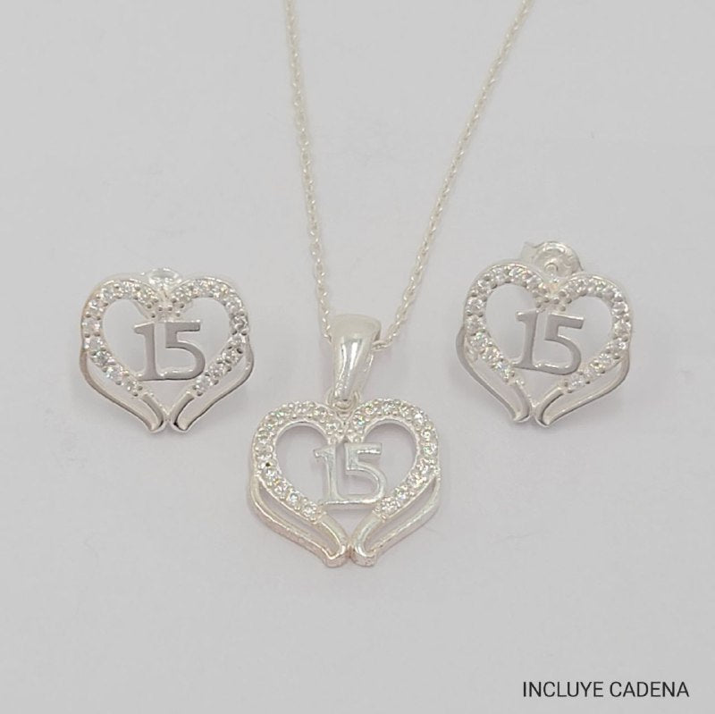 PSET2770 SET FORMA CORAZON 15 AÑOS PLATA 9.25