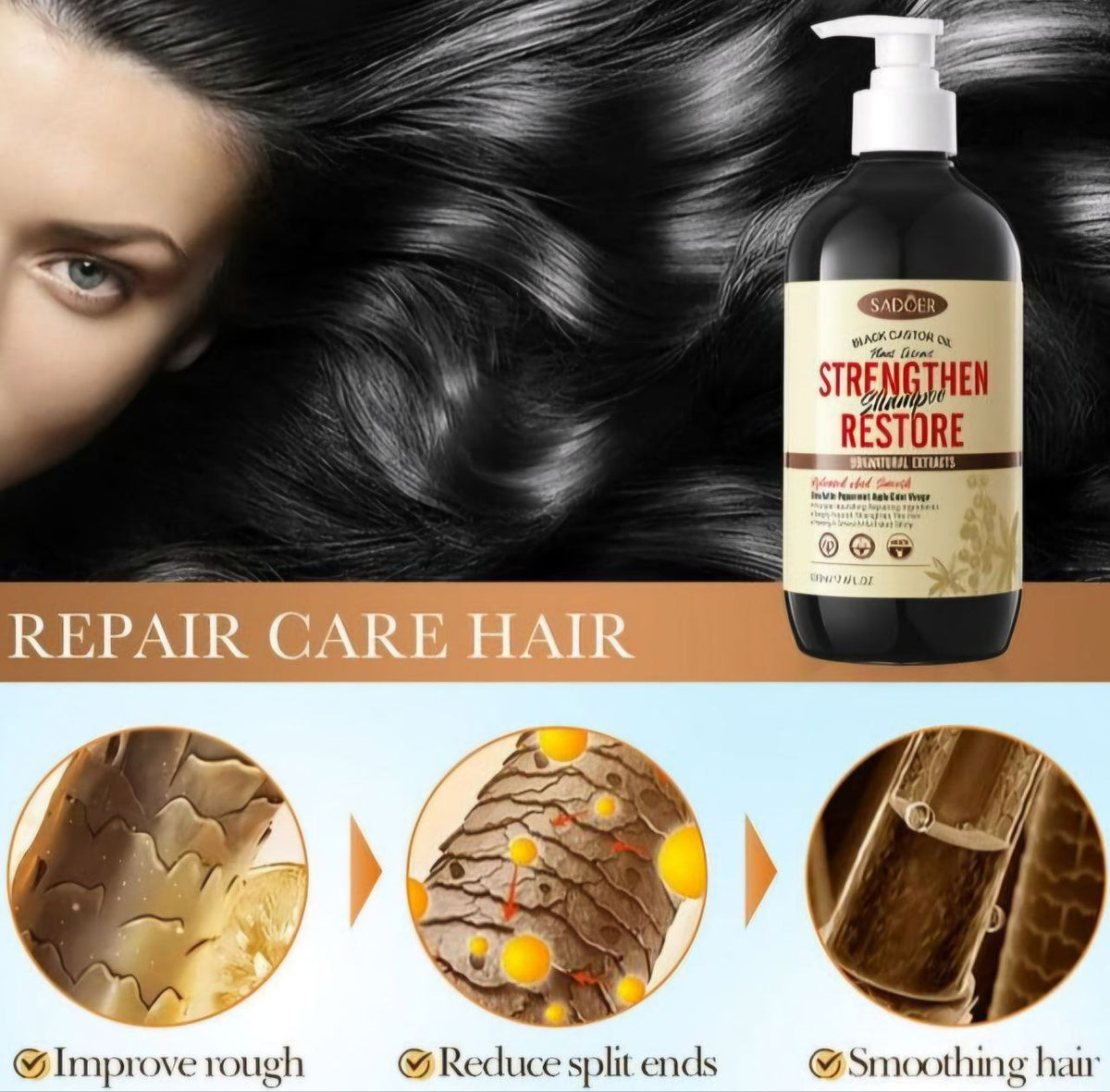 SHAMPOO PARA EL CABELLO DE ACEITE DE RICINO NEGRO, FORTALECEDOR, CABELLO HIDRATADO Y SUAVE, MANTECA DE KARITE, REPARADOR, CABELLO SUAVE, HIDRATADO Y BRILLANTE SADOER STENGTHEN RESTORE 500ML