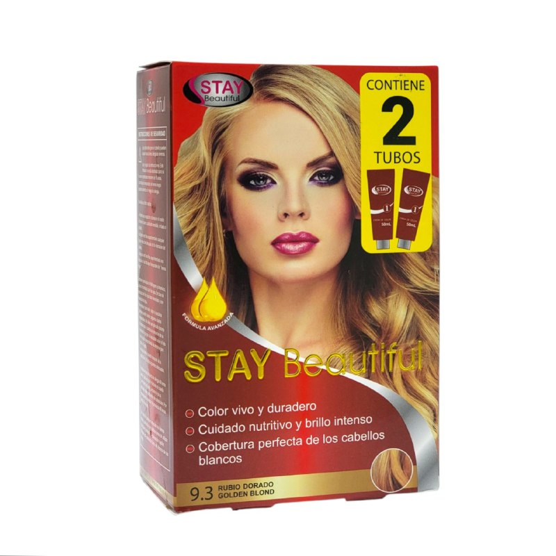 TINTE PARA EL CABELLO COLOR RUBIO DORADO 9.3, VIVO Y DURADERO STAY BEUTIFUL 50MLX2