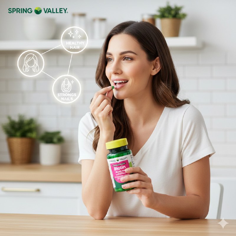 VITAMINAS EN TABLETAS DE BIOTINA PARA FUERZA EXTRA EN CABELLO, PIEL Y UÑAS SPRING VALLEY 60UND
