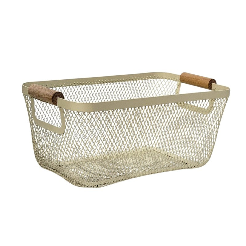 CANASTA CESTA ORGANIZADORA PORTATIL DE METAL CON ASAS DE MADERA ELEGANTE 30X18X14CM