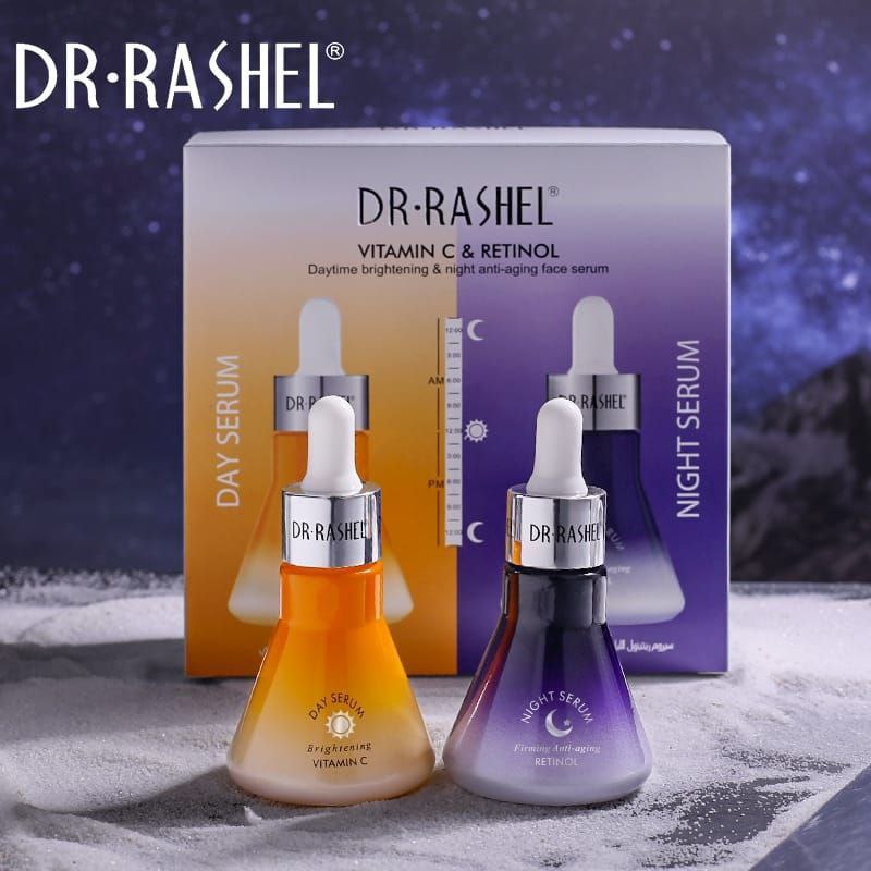 SUERO FACIAL EN SET, SUERO VITAMIAN C Y RETINOL ILUMINADOR ANTIENVEJECIMIENTO ILUMINADOR DE DIA Y NOCHE DR RASHEL 30ML