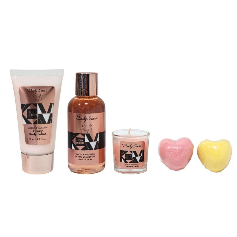 SET DE CUIDADO CORPORAL DE BAÑO DE VAINILLA Y MANDARINA, GEL DE DUCHA 125ML, CREMA CORPORAL 70ML, BOMBAS DE BAÑO 2, CANDELA AROMATICA BODY SENSE