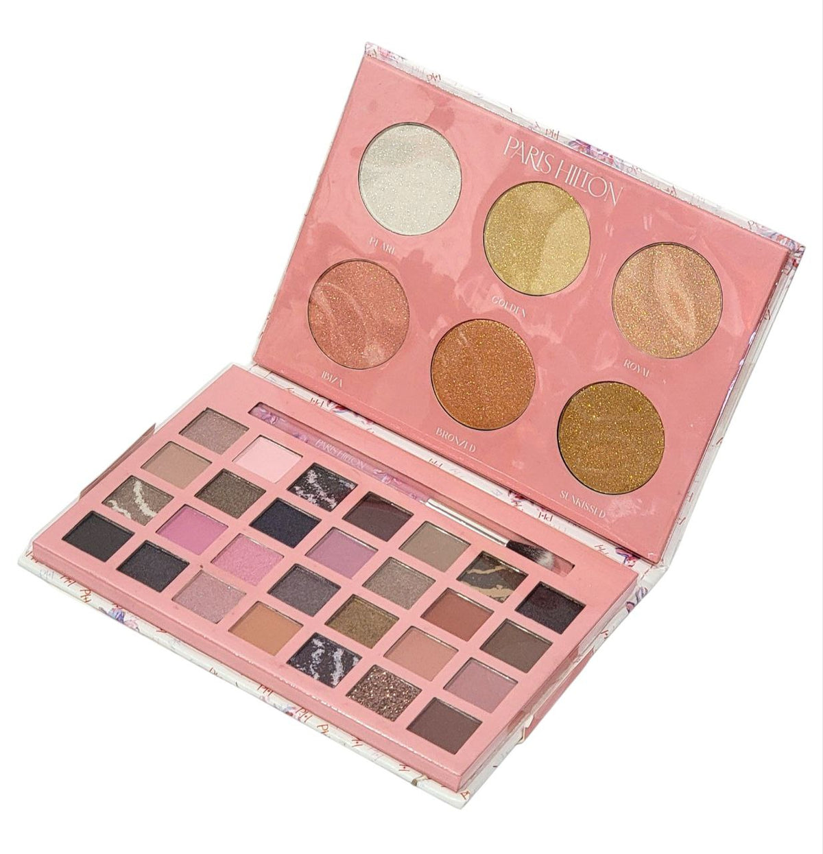 POLVOS EN PALETA PARA EL ROSTRO Y OJOS 35 TONOS, POLVOS COMPACTOS 1GX27, ILUMINADOR 3GX6, TONOS BRILLANTES 1G, PINCEL DE MEZCLA ORIGINAL PARIS HILTON LIMITLESS