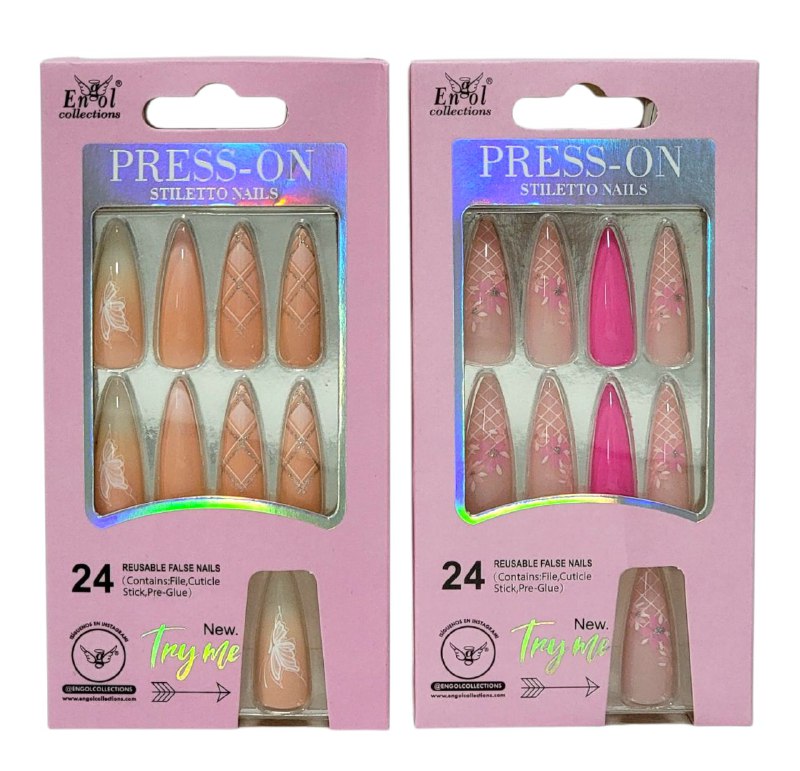 SET DE 24 UÑAS POSTIZAS REUTILIZABLES, LIMA, PALILLO PARA CUTICULA Y PEGAMENTO ENGOL COLLECTIONS