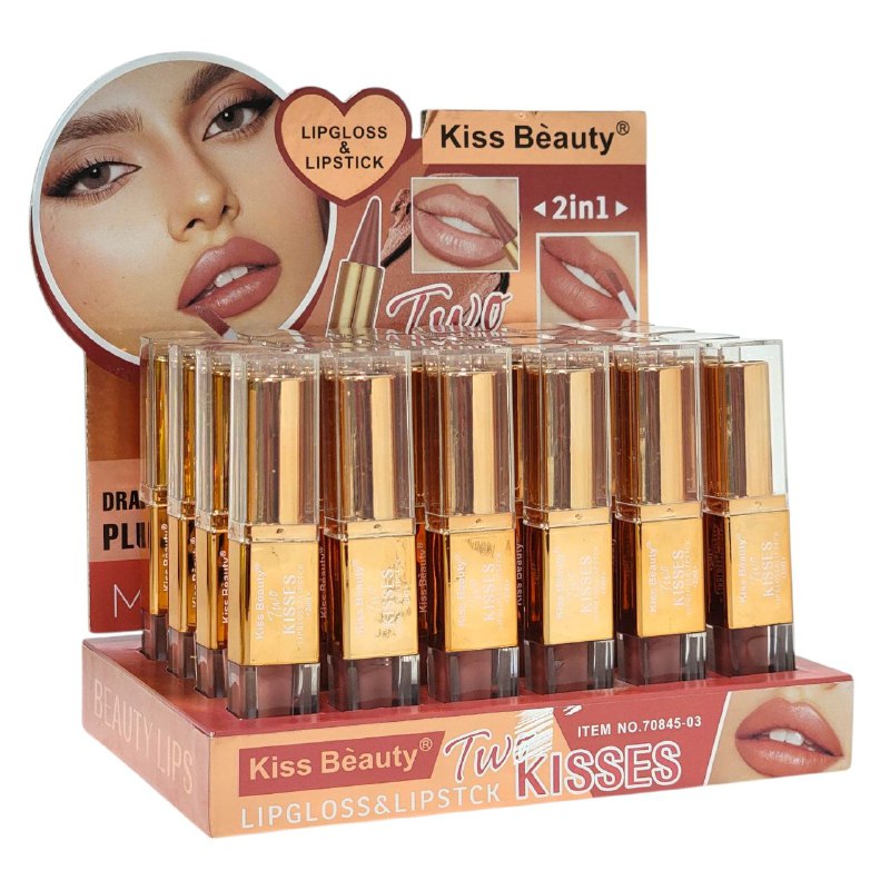 BRILLO LABIAL Y LAPIZ LABIAL VOLUMIZADOR 2 EN 1 KISS BEAUTY 3.2G+2ML (DUPE DE KIKO)