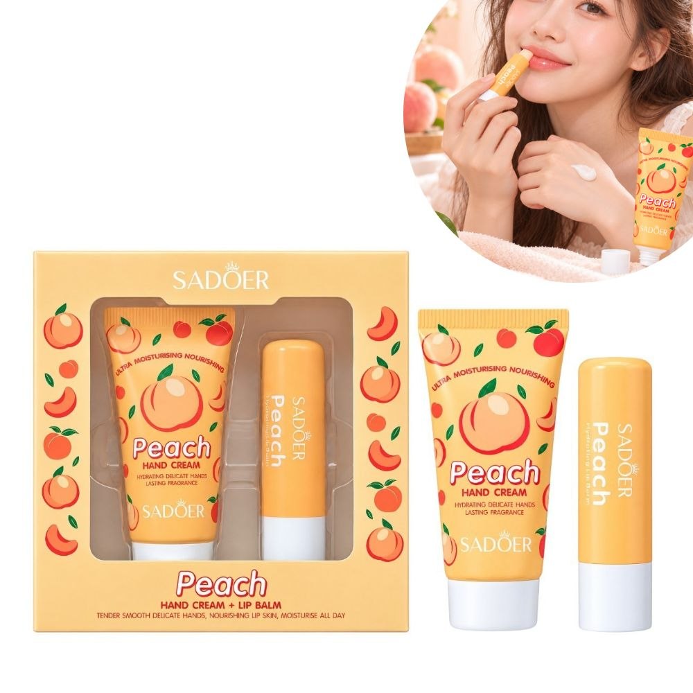 SET DE CUIDADO CORPORAL CREMA DE MANOS Y BALSAMO LABIAL CON FRAGANCIA A MELOCOTON 2PCS SADOER