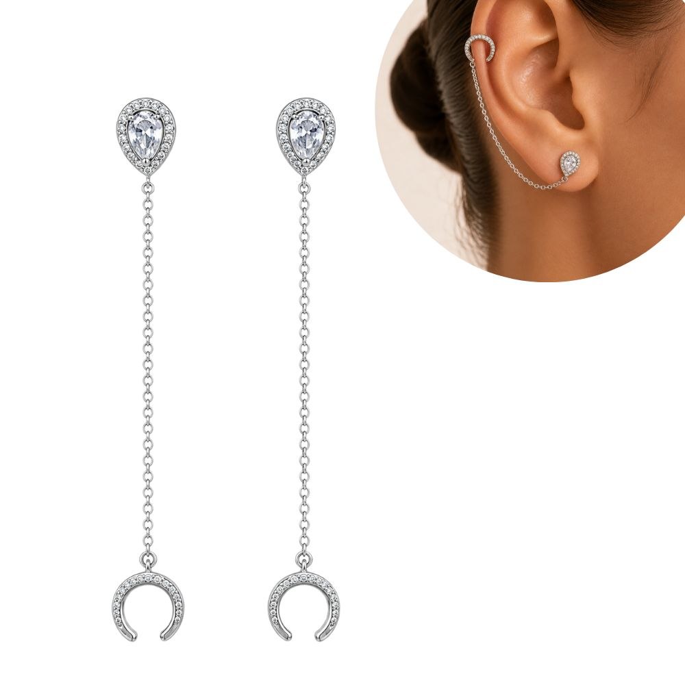 ARITOS DE ACERO INOXIDABLE CON BAÑO DE ENCHAPE CON DISEÑO DE GOTA CON HALO Y EAR CUFF DE CADENA