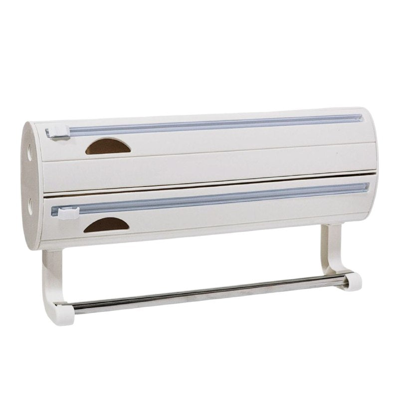 ORGANIZADOR DE COCINA PARA PAPEL TOALLA, TRANSPARENTE Y ALUMINIO 3 EN 1 CON CORTADOR INTEGRADO