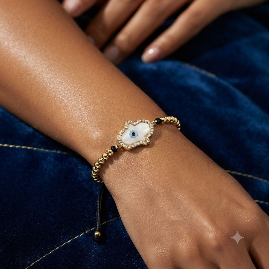 PULSERA DE ENCHAPE PARA DAMA CON DISEÑO DE MANO CON OJO