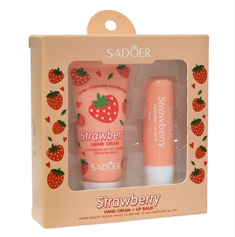 SET DE CUIDADO PERSONAL CREMA DE MANOS Y BALSAMO LABIAL CON FRAGANCIA A FRESA 2PCS SADOER