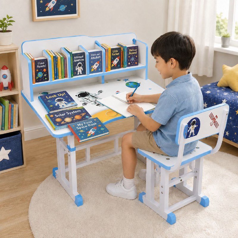 SET DE MESA Y SILLA INFANTIL PARA NIÑO CON DISEÑO DE ASTRONAUTA MESA 86X70CM SILL 62X32CM