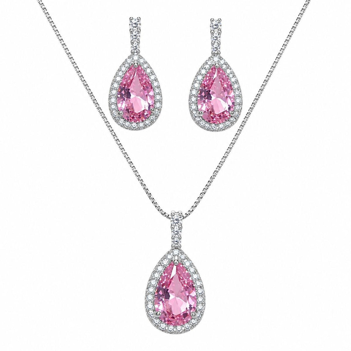 SET DE ENCHAPE PARA DAMA CADENA, DIJE Y ARETES GOTA ROSA CON HALO DE CIRCONES