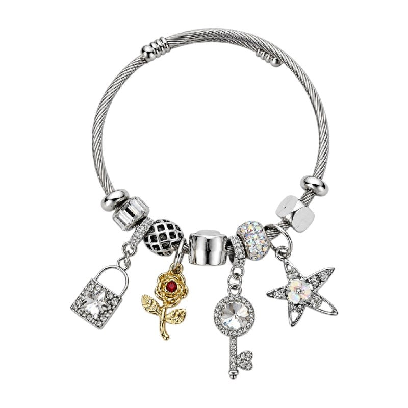 PULSERA DE ENCHAPE PARA DAMA CON DISEÑO DE CANCADO, FLOR ROSA, ESTRELLA Y LLAVE 6.5CM