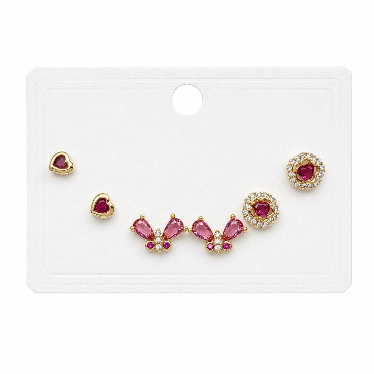 SET DE 3 PARES DE ARITOS DE ENCHAPE PARA DAMA CORAZÓN CON HALO DE CIRCONES, MARIPOSAS ROSADAS Y CORAZÓN SILUETA