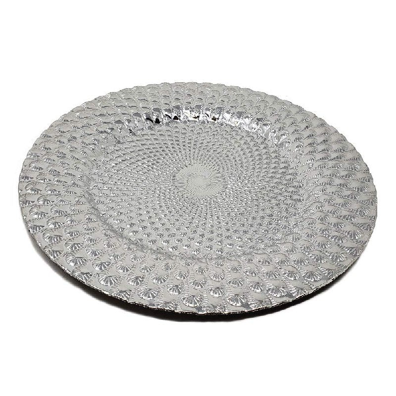 PLATO DE CARGA DECORATIVO NAVIDEÑO REDONDO PLATEADO 32X32CM
