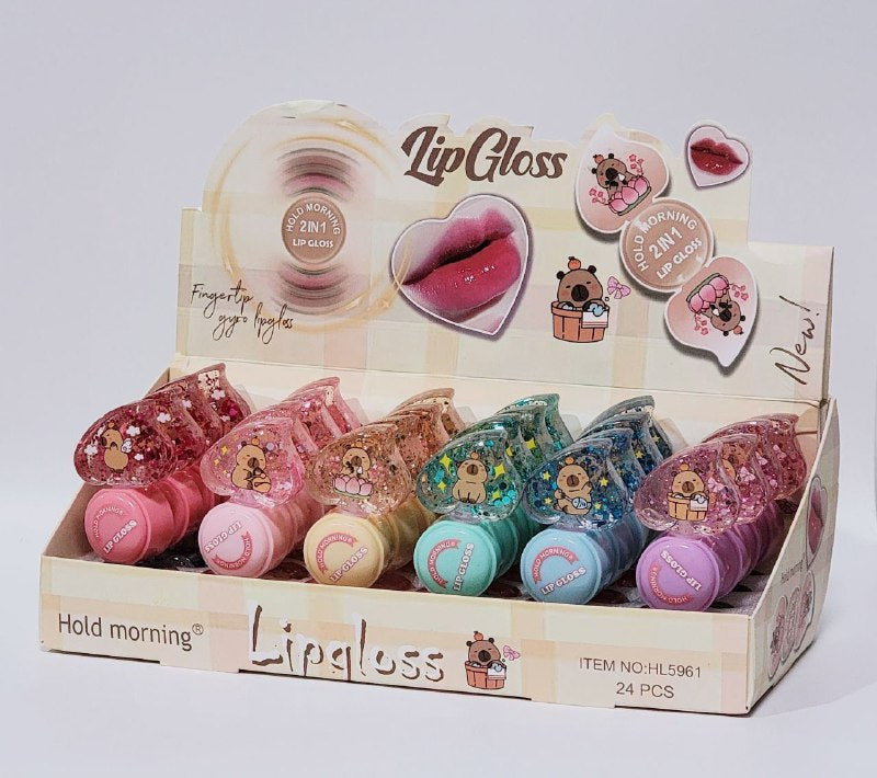 BRILLO LABIAL 3 EN 1, SPINNER Y 2 TINTAS LABIALES DISEÑO DE CAPIBARA,CAPYBARA, 6 COLORES HOLD MORNING