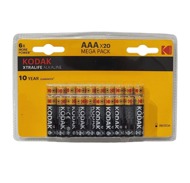 BATERIAS ALCALINA AAA, 6 VECES MAS PORTENCIA, PAQUETE 20UND KODAK