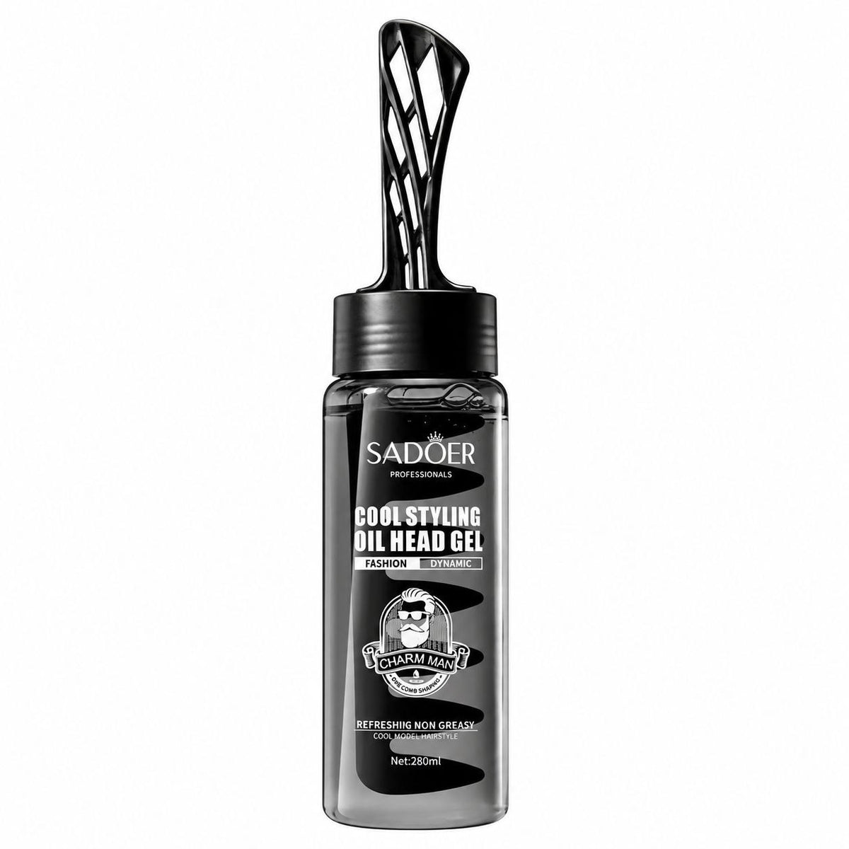 GEL FIJADOR DE ALTA DEFINICIÓN CON SISTEMA DE PEINE APLICADOR INTEGRADO SADOER COOL STYLING OIL HEAD GEL 280 ML