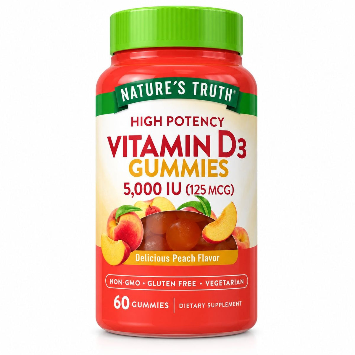 VITAMINAS EN GOMITAS DE ALTA POTENCIA, VITAMINA D3 5000UI 125MCG, SIN GLUTEN, SABOR MELOCOTON NATURE S TRUTH 60UND