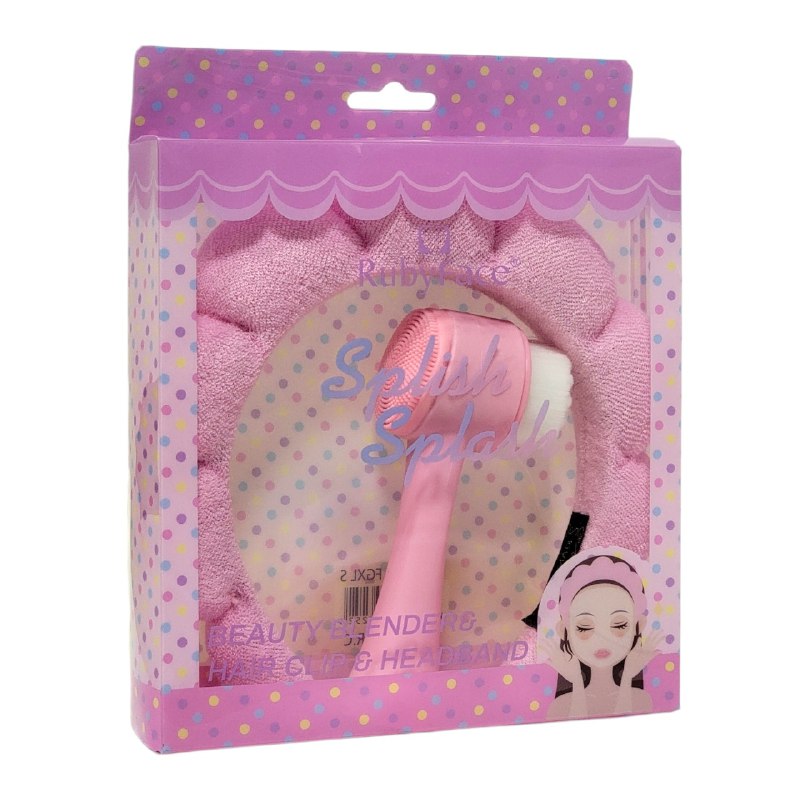 KIT DE CUIDADO FACIAL, BANDA PARA EL PELO Y CEPILLO FACIAL DOBLE ACCION RUBYFACE, 3 COLORES
