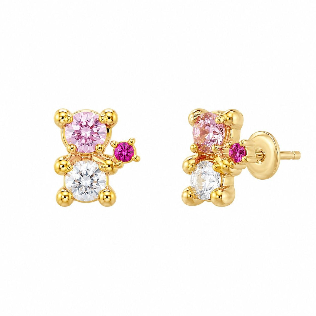 ARITOS DE ACERO INOXIDABLE CON BAÑO DE ENCHAPE CON DISEÑO DE OSITO EN CIRCONES ROSA Y CRISTAL