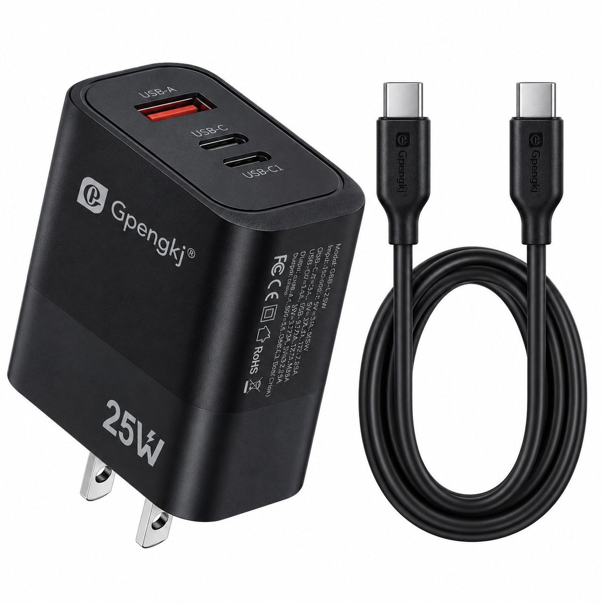 SET DE CARGADOR DE PARED 25W DUAL PORT Y CABLE TIPO C A TIPO C GPENGKJ GP-J215C 2PCS