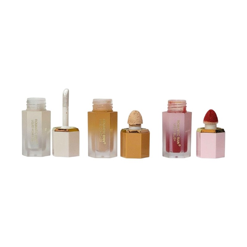 SET DE MAQUILLAJE LIQUIDO DE RUBOR CORRECTOR E ILUMINADOR ROMANTIC RAIN 6PCS (DUPE SHEGLAM)