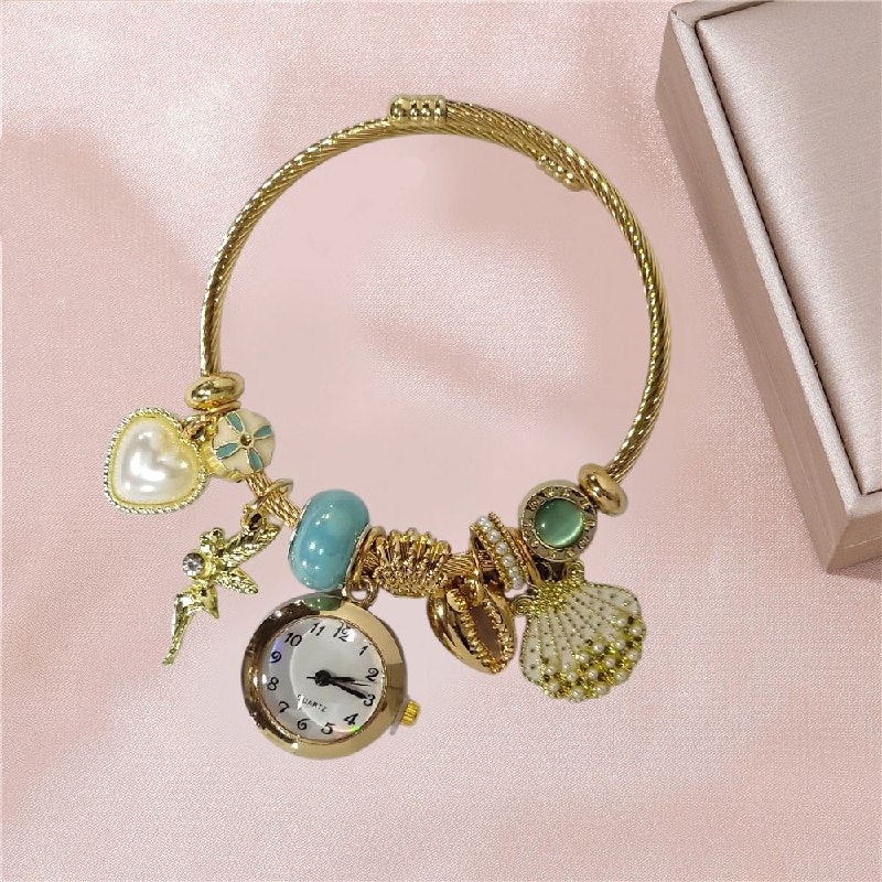 RELOJ ECONOMICO ESTILO PANDORA PARA DAMA DE ACERO CON BAÑO DE ENCHAPE