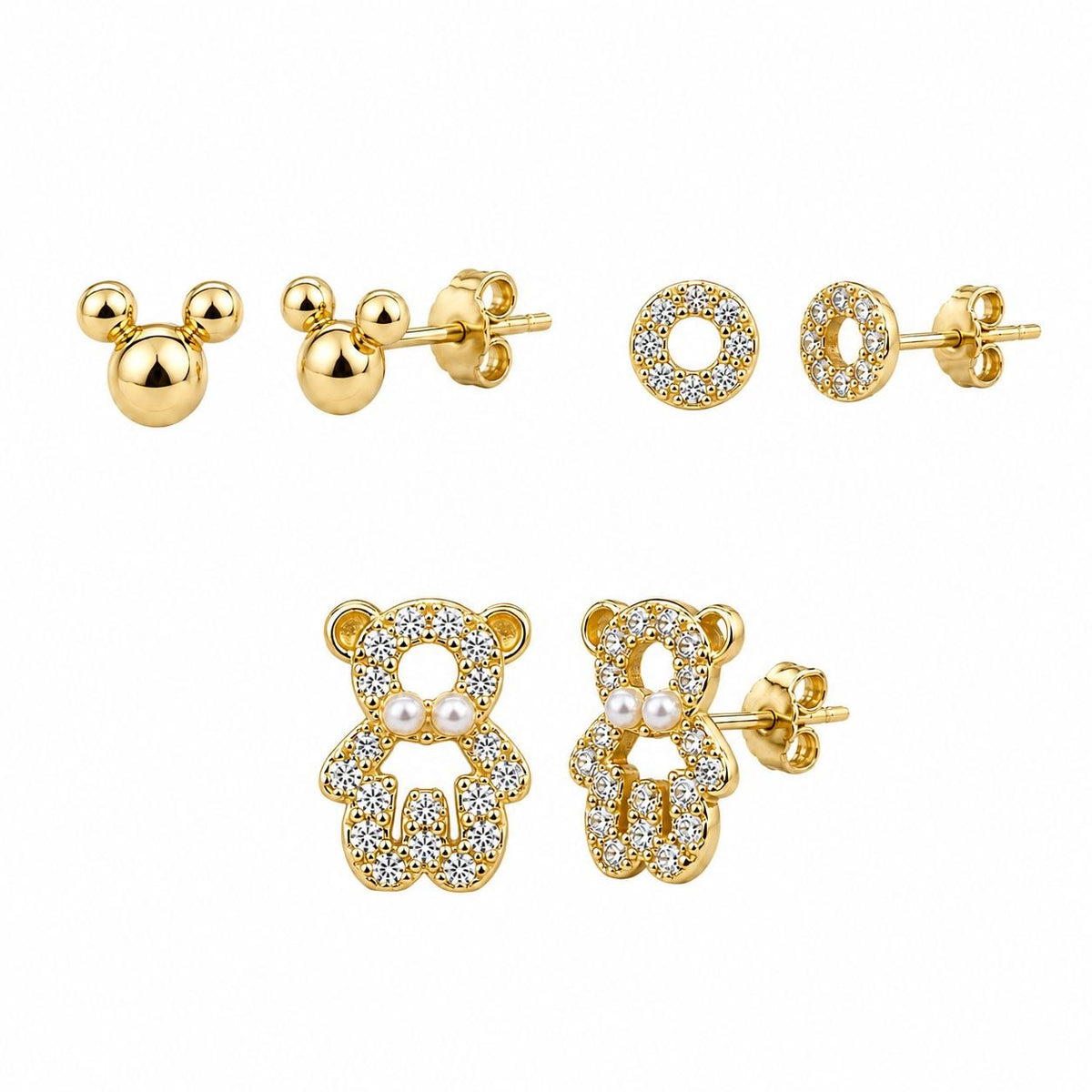 SET DE 3 PARES DE ARITOS DE ENCHAPE PARA DAMA OSITOS CON PERLAS, AROS DE CRISTALES Y RATONCITO