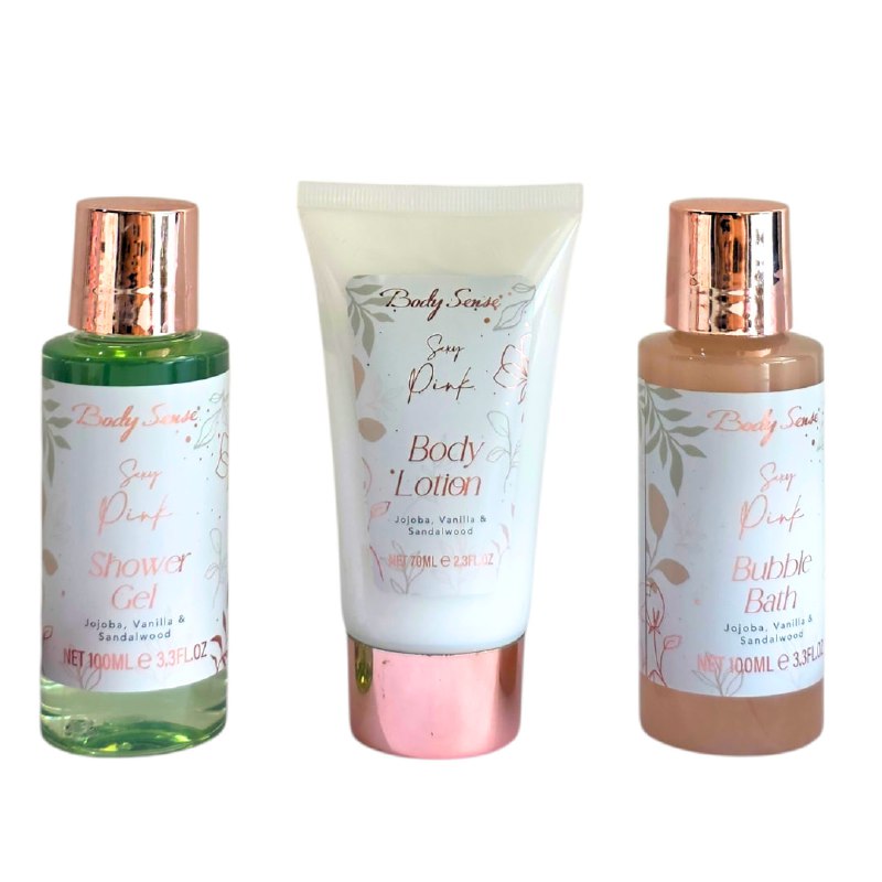 SET DE CUIDADO CORPORAL DE BAÑO DE JOJOBA, VAINILLA Y SANDALO, GEL DUCHA 100ML, CREMA CORPORAL 70ML, BURBUJAS DE BAÑO 100ML BODY SENSE