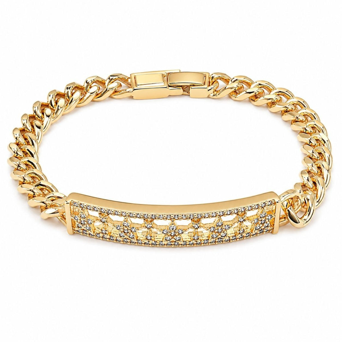 PULSERA DE ENCHAPE PARA DAMA TIPO ESCLAVA DE ESLABONES CON PLACA CALADA Y CIRCONES