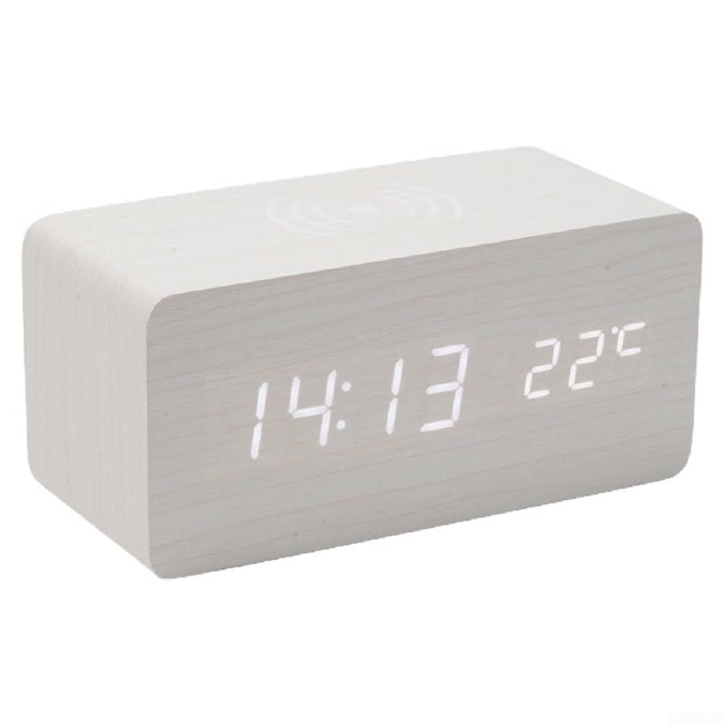 RELOJ DESPERTADOR DIGITAL TIPO MADERA CON FUNCION DE CARA INALAMBRICA Y TEMPERATURA USB, 4 ESTILOS