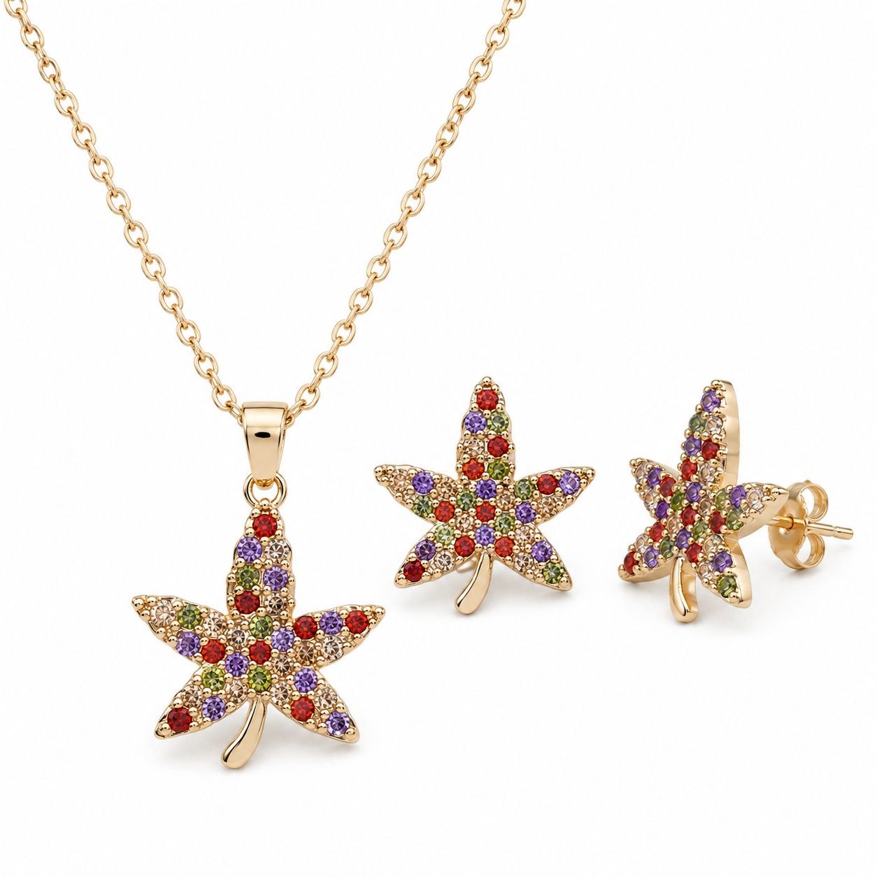 SET DE ENCHAPE PARA DAMA CON DISEÑO DE HOJA DE ARCE CON CRISTALES MULTICOLOR