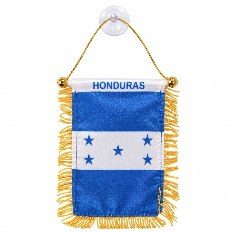 MINI BANDERA DECORATIVA DE HONDURAS CON FLECOS DORADOS CORDÓN Y VENTOSA