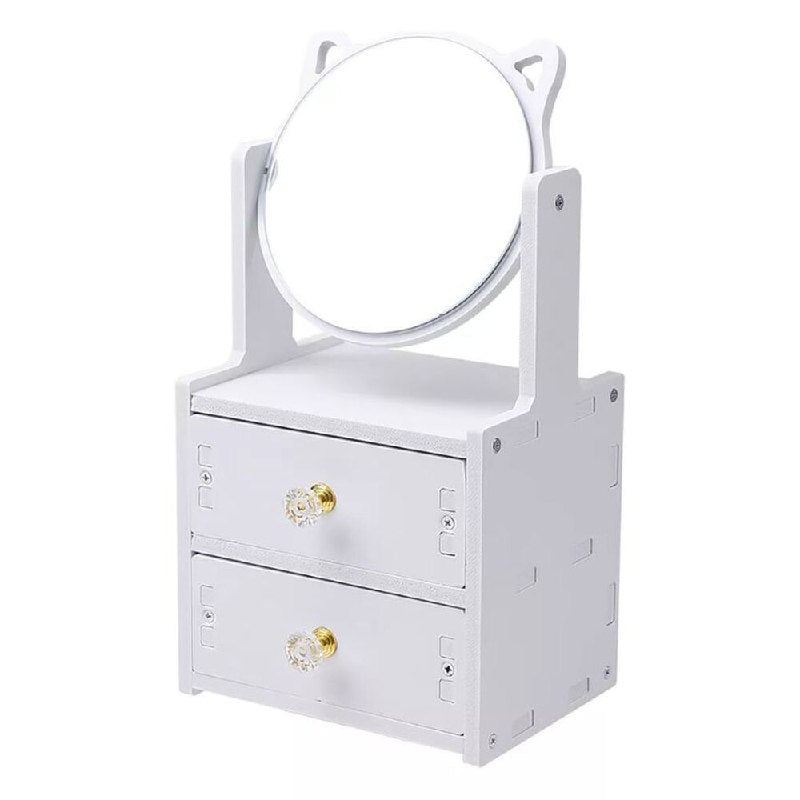 ESTANTE ORGANIZADOR DE MAQUILLAJE O JOYERIA COLOR BLANCO CON ESPEJO DISEÑO DE GATO 16X13X27CM