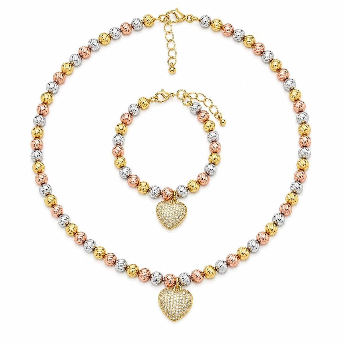 SET DE ENCHAPE PARA DAMA COLLAR Y PULSERA BALINES TRICOLOR CON DIJE CORAZÓN PAVÉ