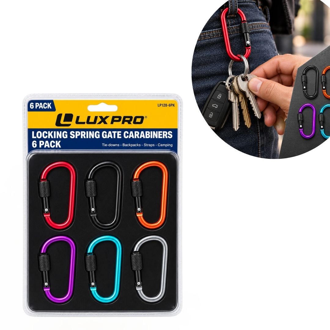 SET DE 6 MOSQUETONES / LLAVEROS CON SEGURO MULTIUSO LUX PRO 5.8CM