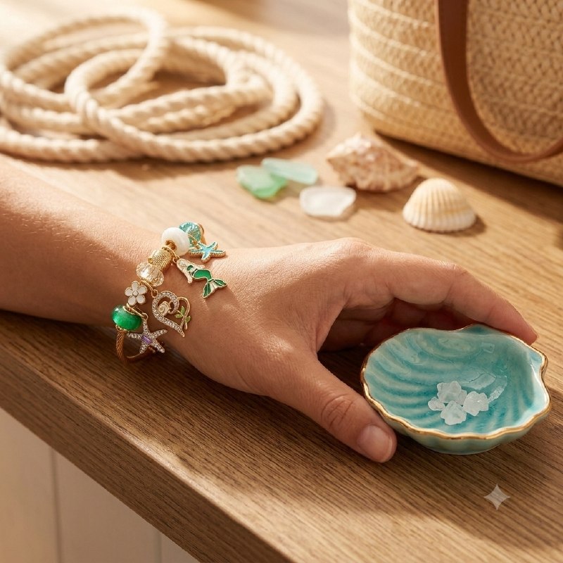 PULSERA DE ENCHAPE PARA DAMA CON DISEÑO DE ESTRELLA, CORAZON, SIRENA Y ESTRELLA 6CM